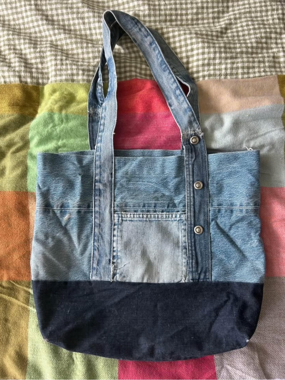 Upcycled Denim Two-Tone Tote Bag - Light Blue and Navy